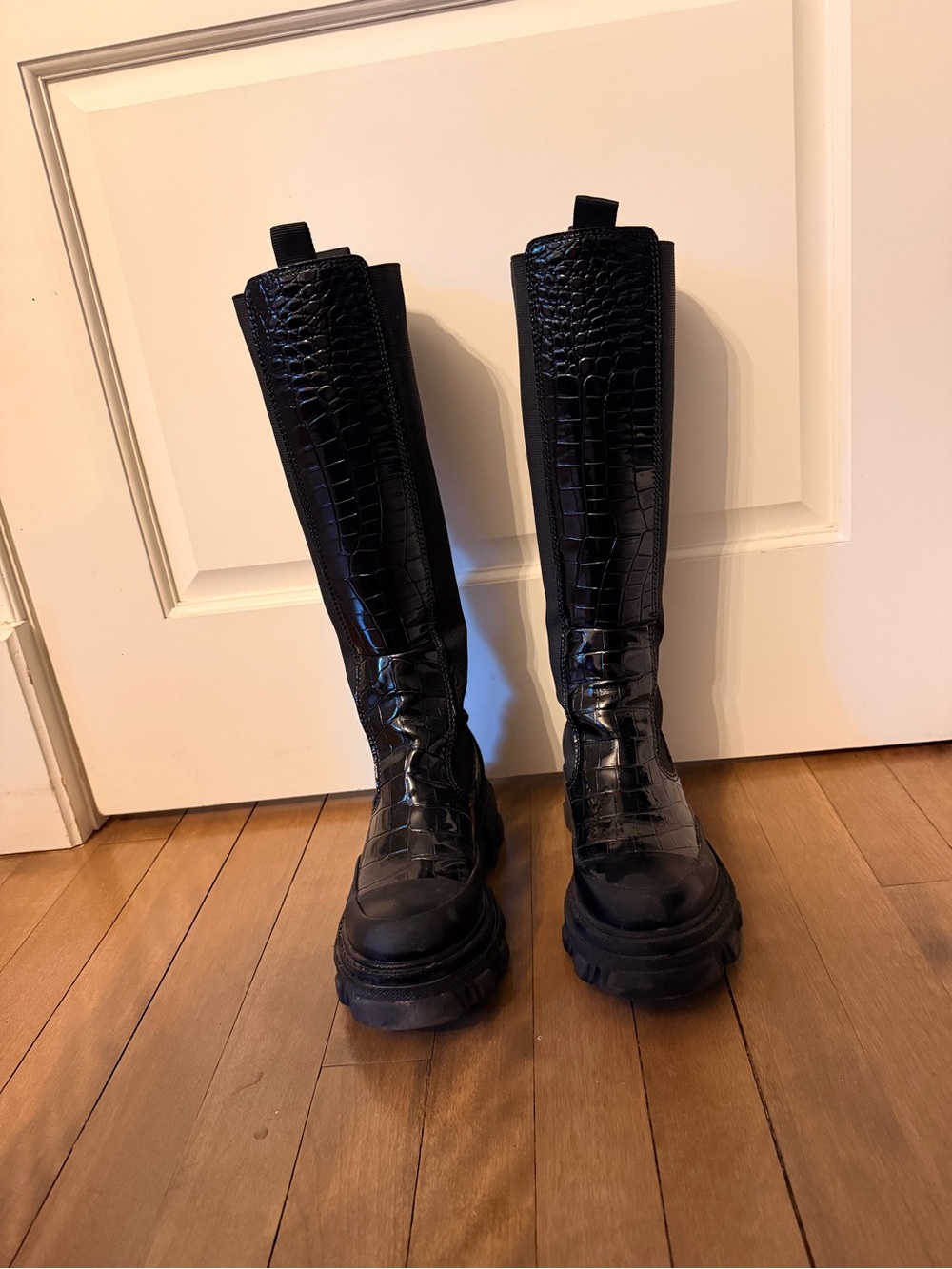 Ganni Black Croc-Embossed Tall Combat Boots - Picture 4 of 5